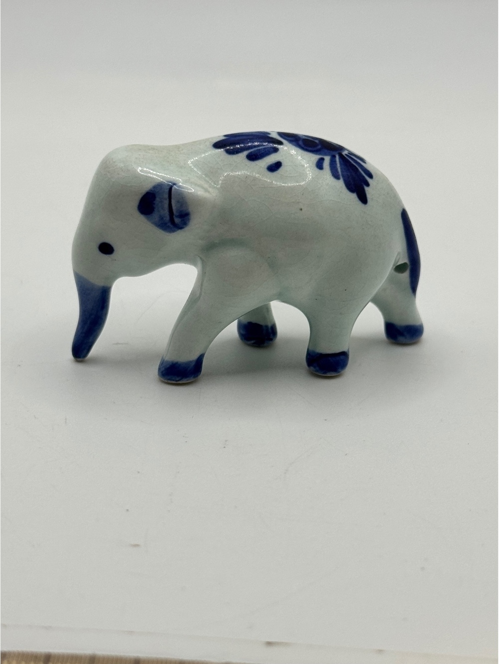 Small Hand-Painted Blue and White Ceramic Elephant Figurine